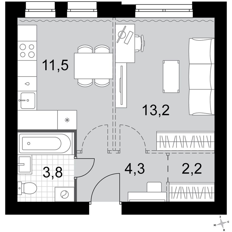 1к. квартира, 35.0 м²