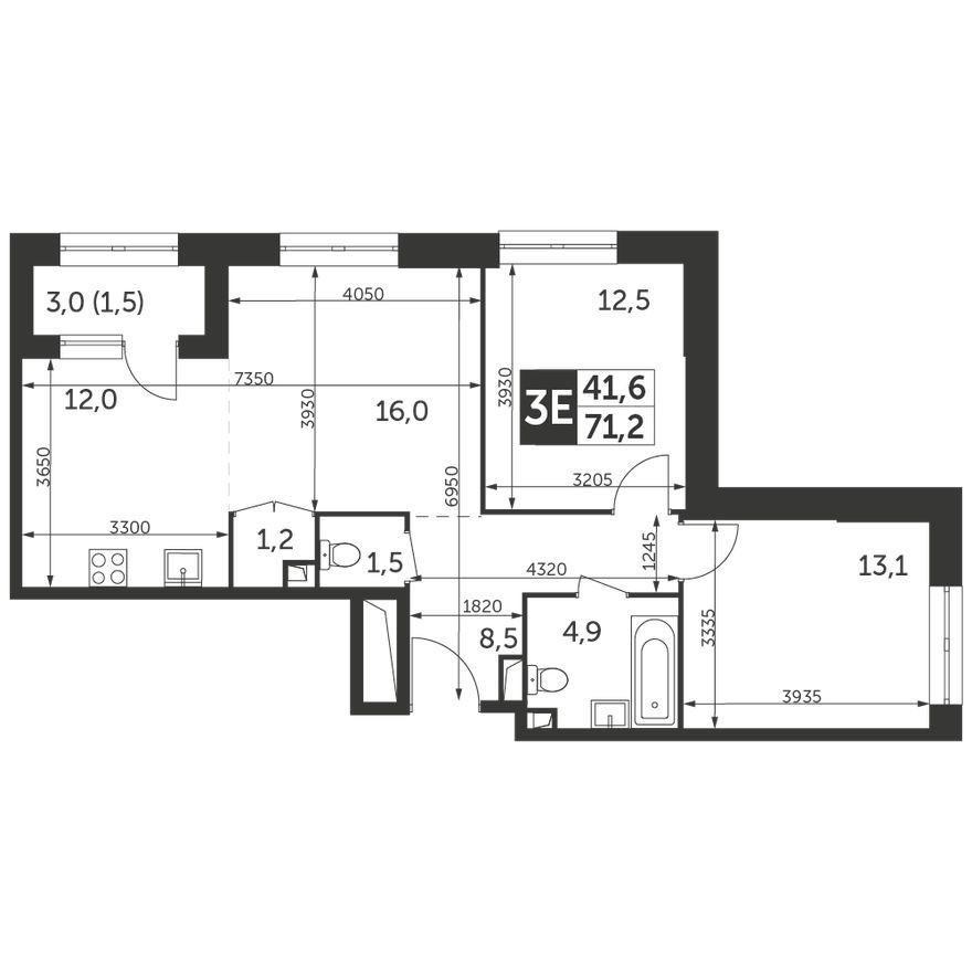 Планировка — 3е квартира, 71.2 м²