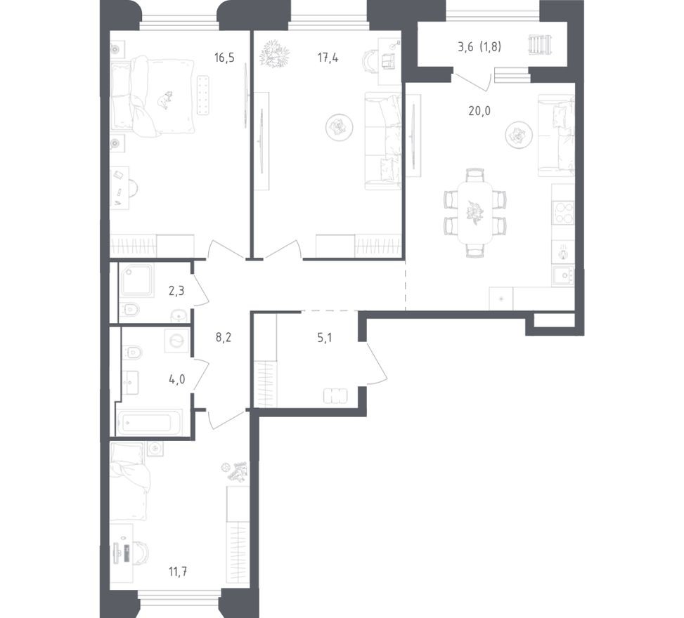 3к. квартира, 85.1 м²