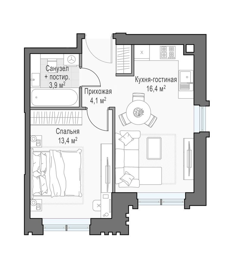 Планировка — 1к. квартира, 37.8 м²