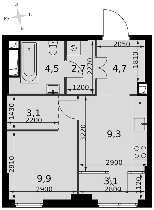 Планировка — 1к. квартира, 37.3 м²