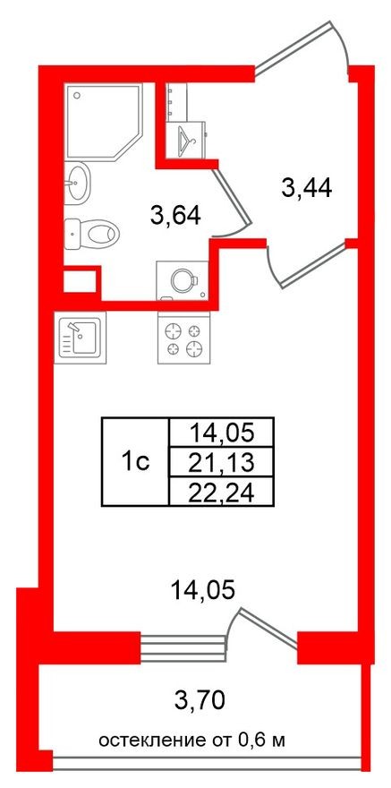 Планировка — Студия-квартира, 21.1 м²