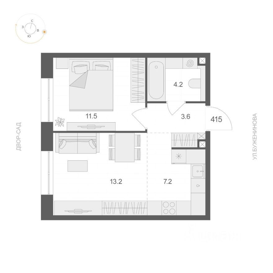 1к. квартира, 39.7 м²