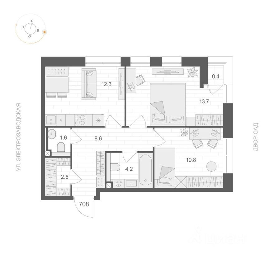 2к. квартира, 53.9 м²
