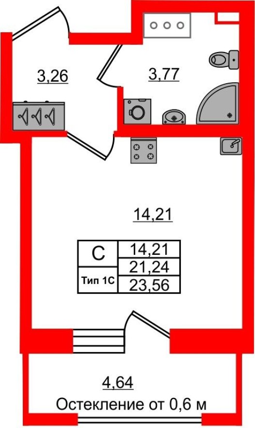 Планировка — Студия-квартира, 21.2 м²