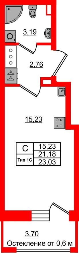 Студия-квартира, 21.2 м²