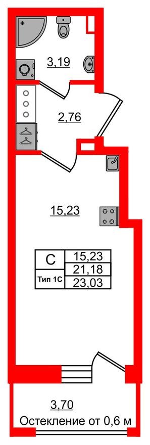 Студия-квартира, 21.2 м²