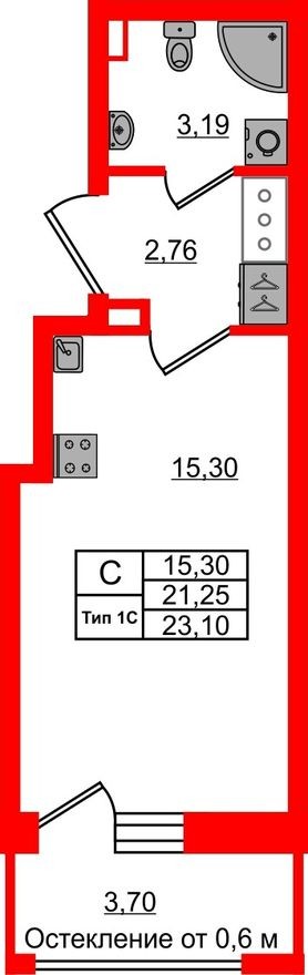 Студия-квартира, 21.3 м²