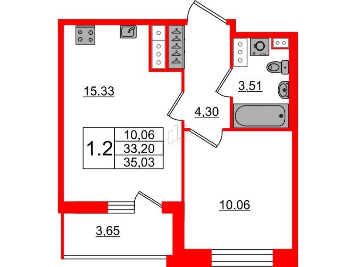 1к. квартира, 33.2 м²
