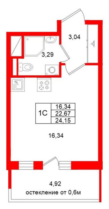 Планировка — Студия-квартира, 22.7 м²