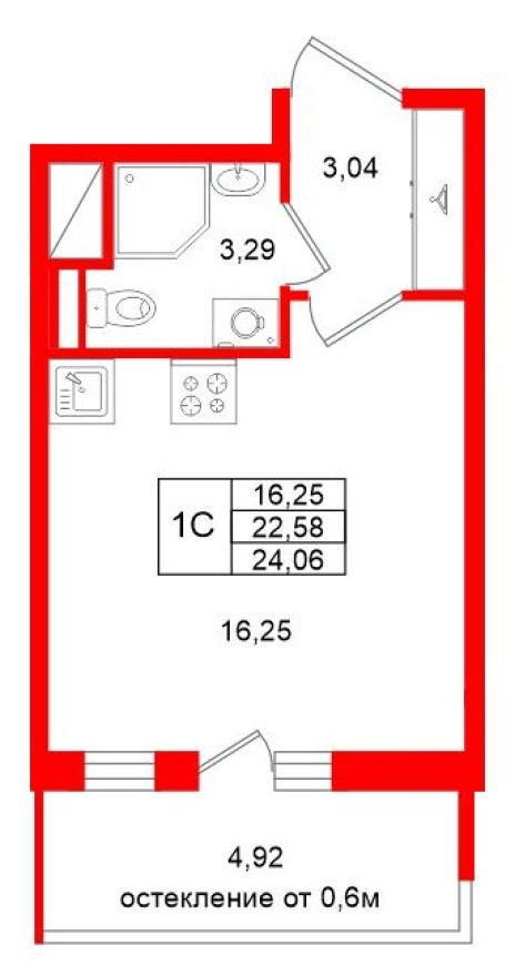 Планировка — Студия-квартира, 22.6 м²