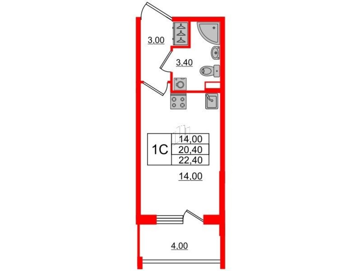 Планировка — Студия-квартира, 20.4 м²