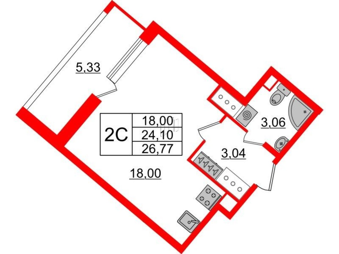 Планировка — Студия-квартира, 24.1 м²