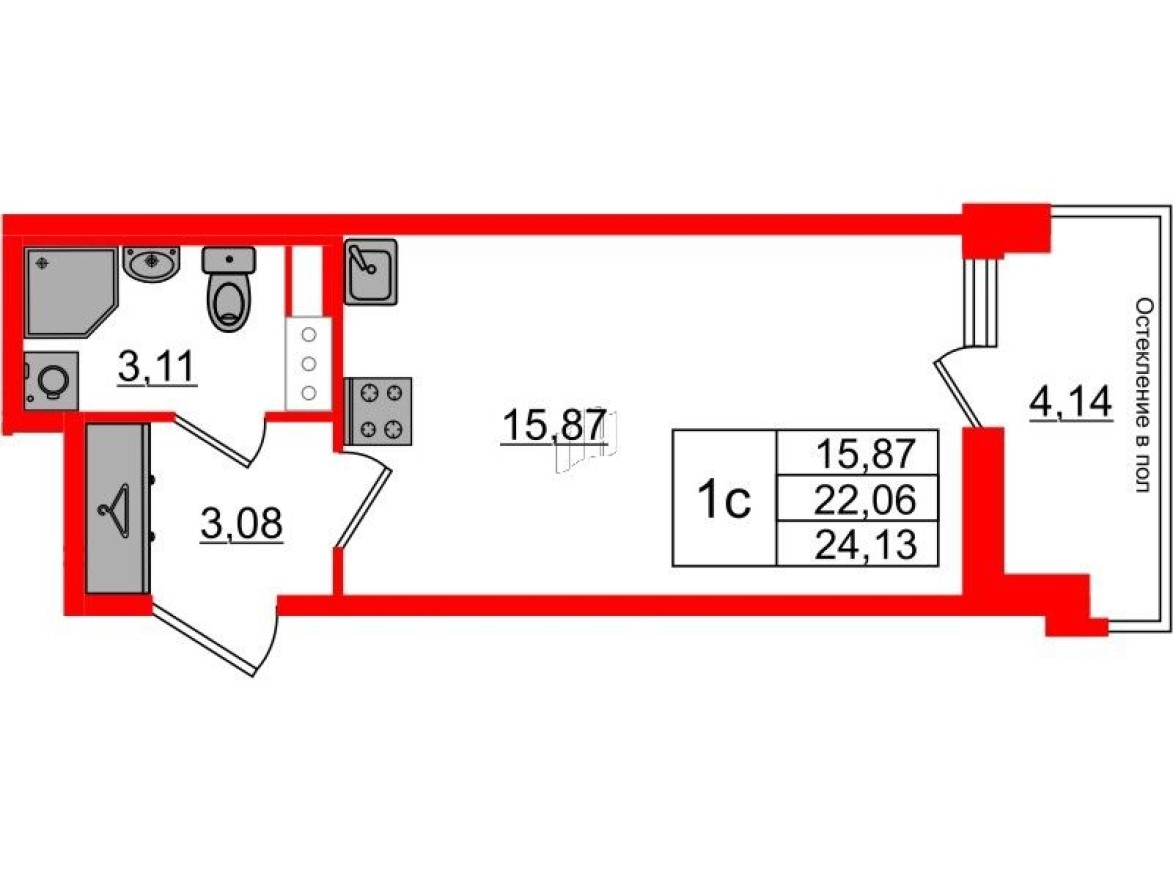 Планировка — Студия-квартира, 22.1 м²