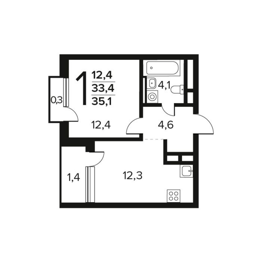 Планировка — 1к. квартира, 35.1 м²