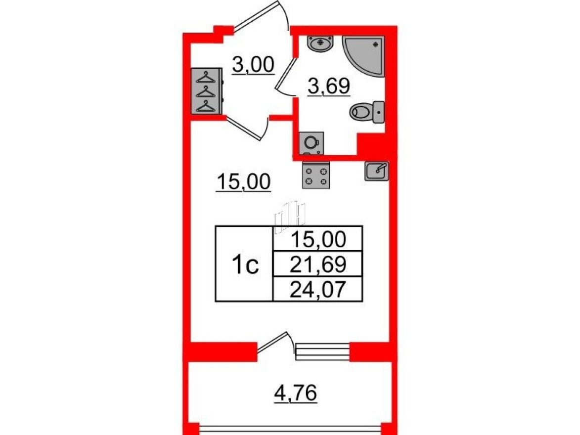 Планировка — Студия-квартира, 21.7 м²