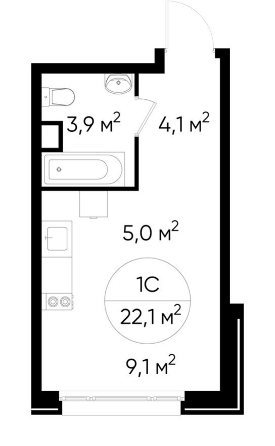 Студия-квартира, 22.1 м²