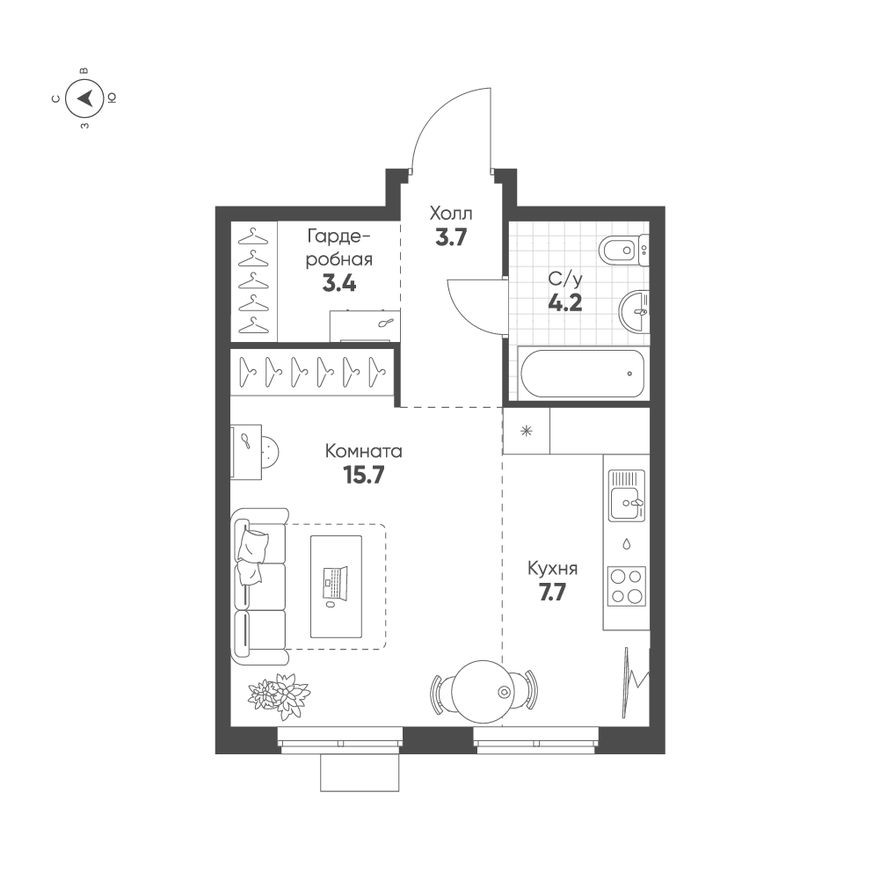 Планировка — 1к. квартира, 34.7 м²