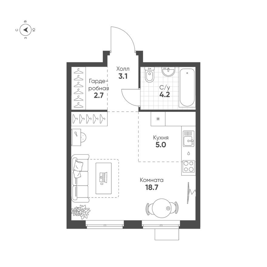 Планировка — 1к. квартира, 33.7 м²