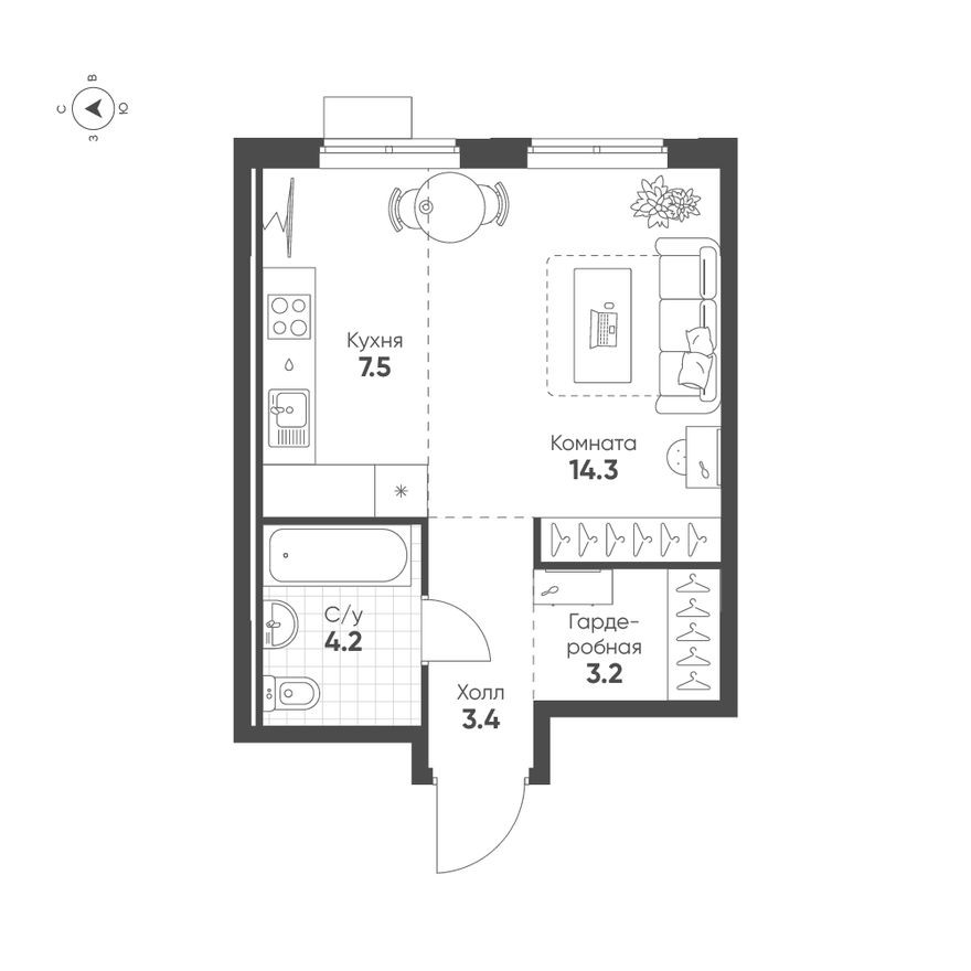 Планировка — 1к. квартира, 32.6 м²