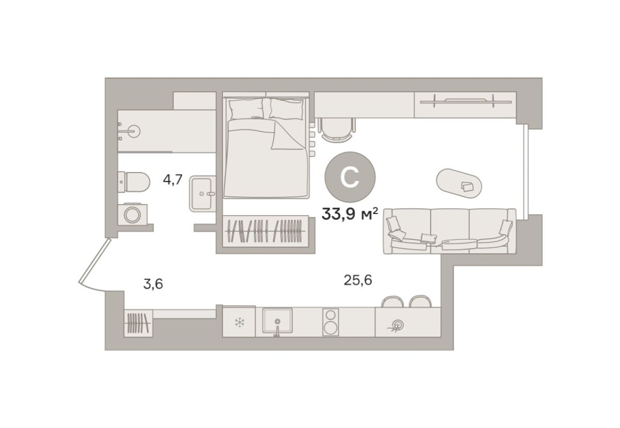 Студия-квартира, 33.4 м²