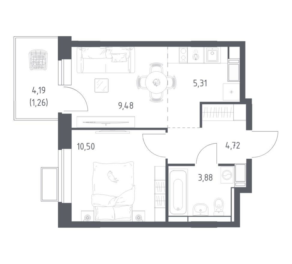1к. квартира, 34.7 м²