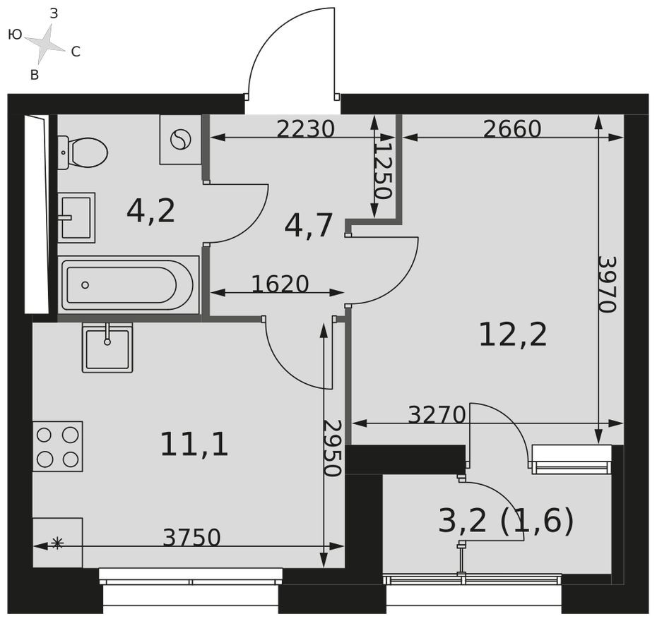 Планировка — 1к. квартира, 33.8 м²
