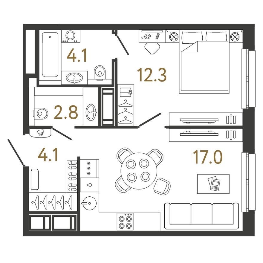Планировка — 1к. квартира, 40.3 м²