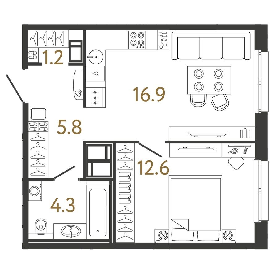 Планировка — 1к. квартира, 40.8 м²