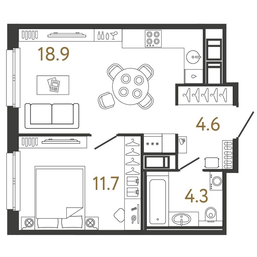 Планировка — 1к. квартира, 39.5 м²