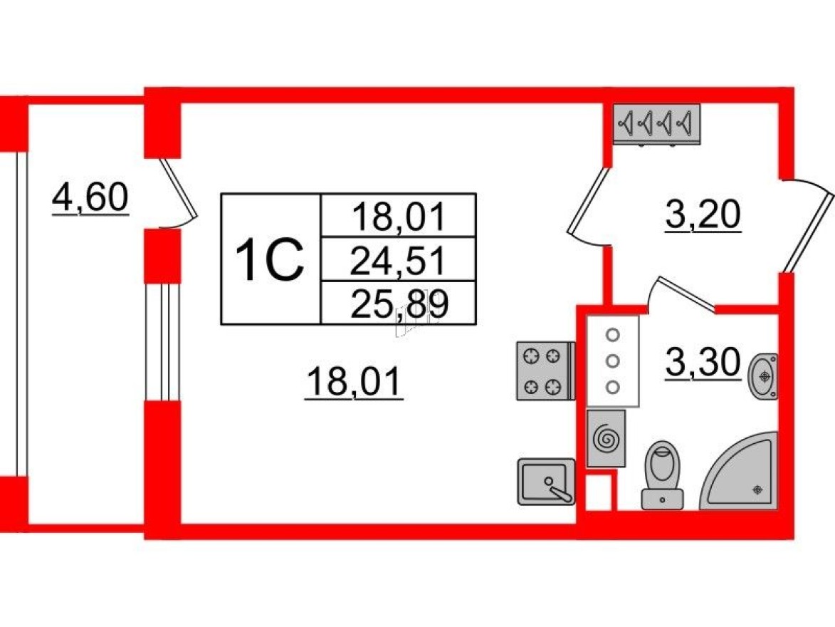 Студия-квартира, 24.5 м²