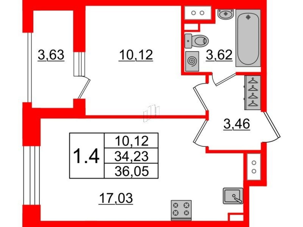 1к. квартира, 34.2 м²