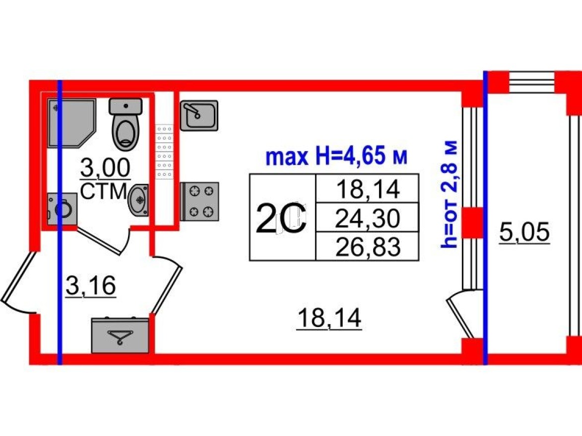 Планировка — Студия-квартира, 24.3 м²
