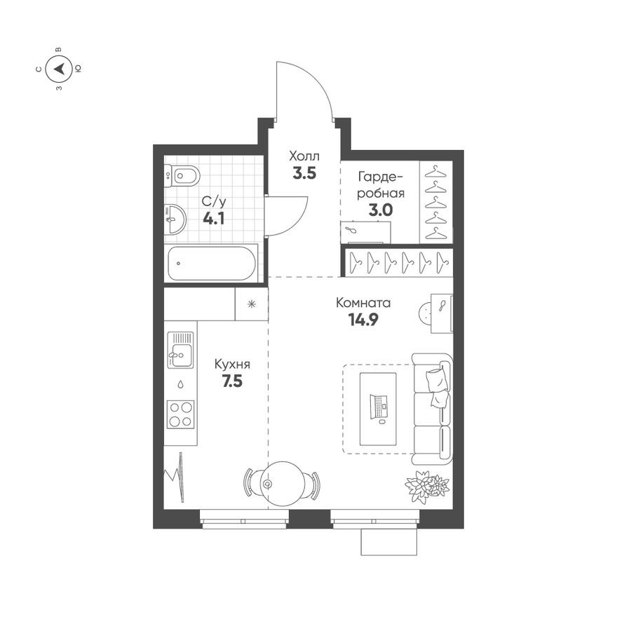Планировка — 1к. квартира, 33.0 м²