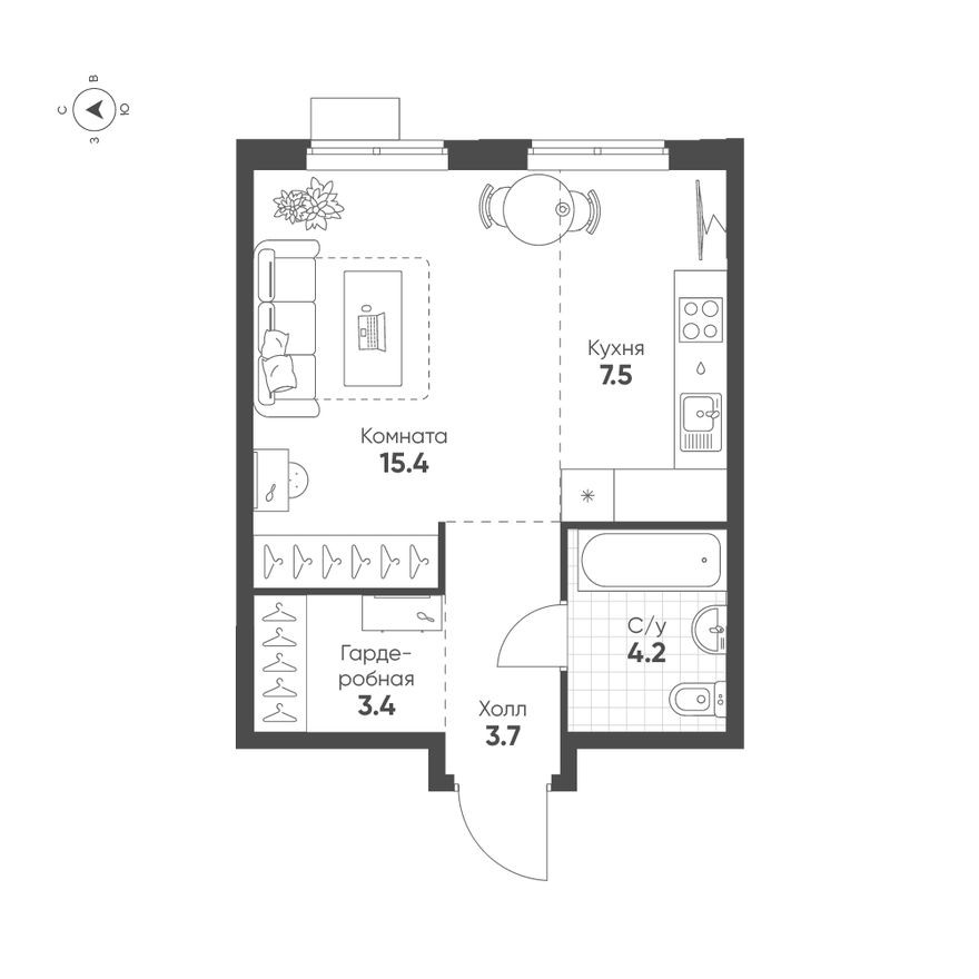 Планировка — 1к. квартира, 34.2 м²