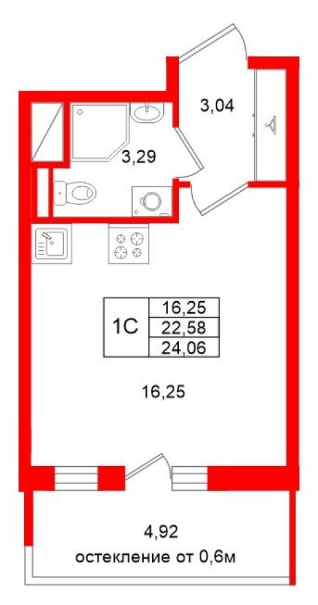 Планировка — Студия-квартира, 22.6 м²