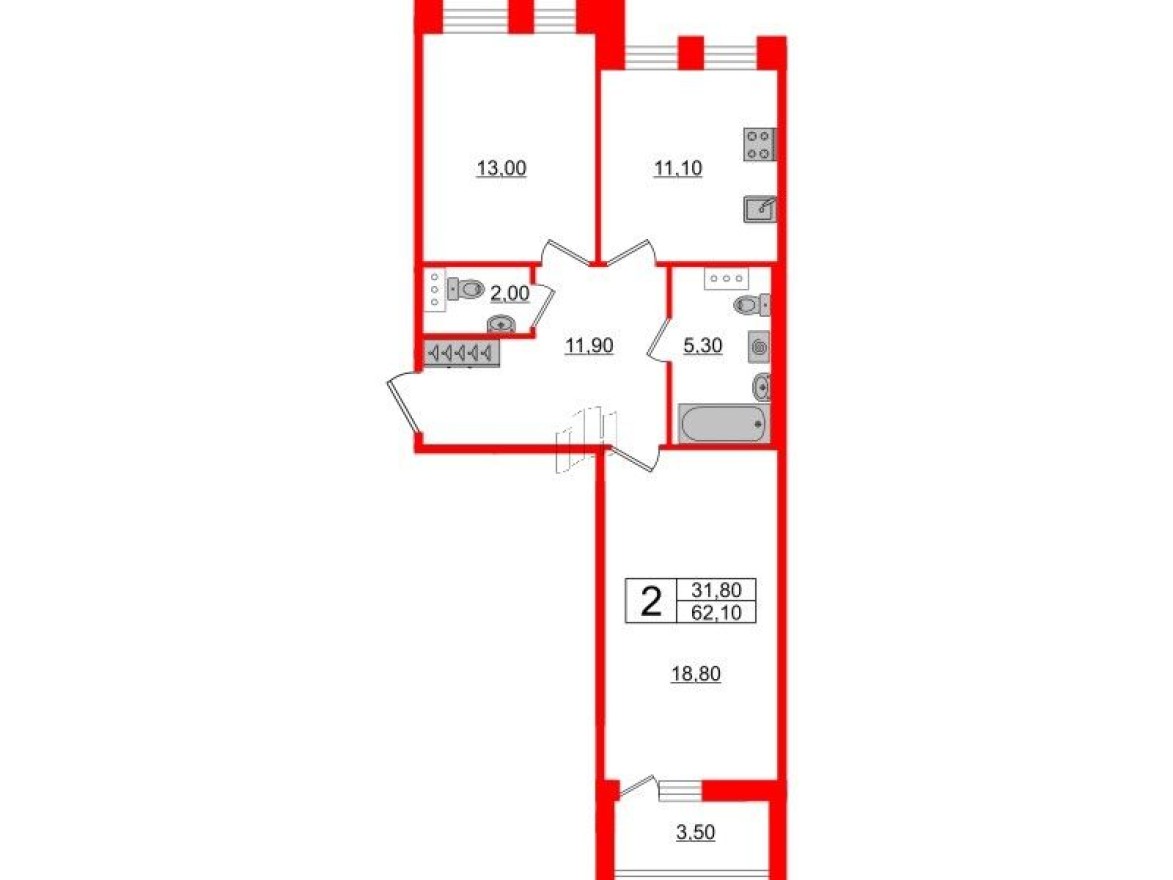 Планировка — 2к. квартира, 62.1 м²