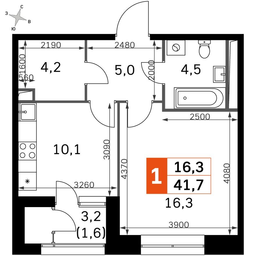 Планировка — 1к. квартира, 41.7 м²