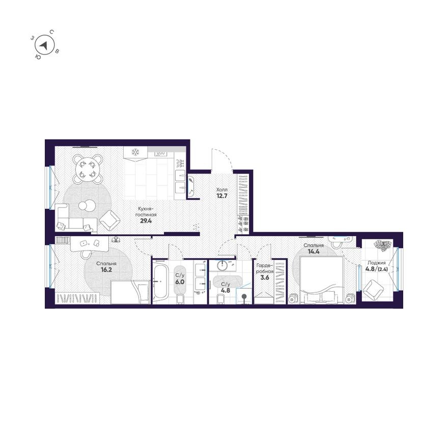 Планировка — 2к. квартира, 89.5 м²