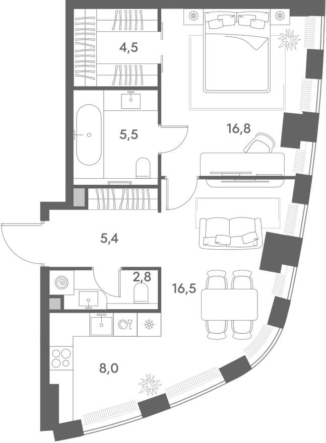 Планировка — 1к. квартира, 59.5 м²