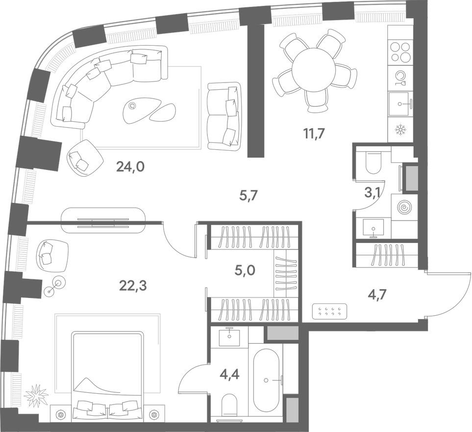Планировка — 1к. квартира, 80.9 м²