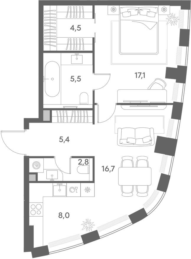 Планировка — 1к. квартира, 60.0 м²