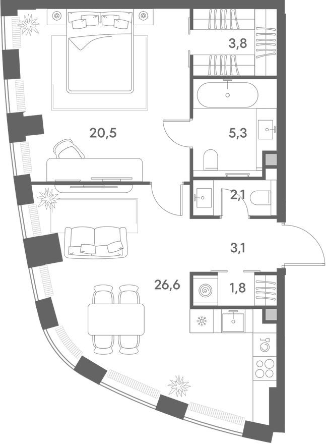 Планировка — 1к. квартира, 63.2 м²
