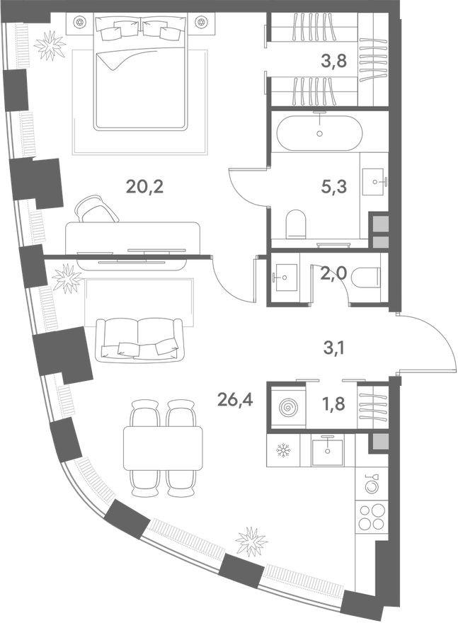 Планировка — 1к. квартира, 62.6 м²