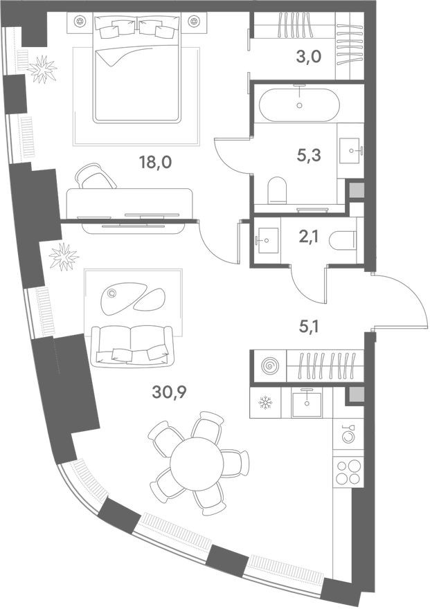 Планировка — 1к. квартира, 64.4 м²