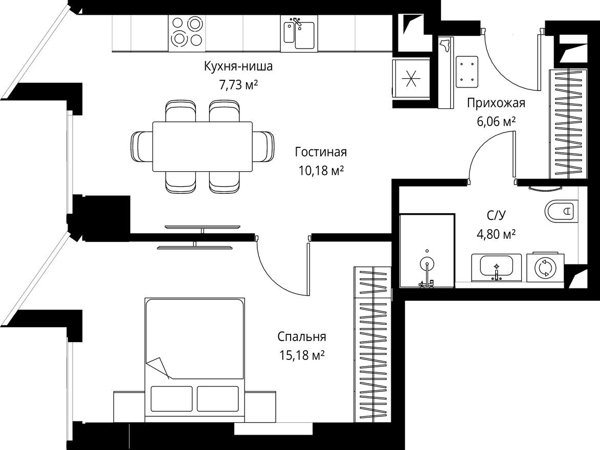 Планировка — 1к. квартира, 43.7 м²
