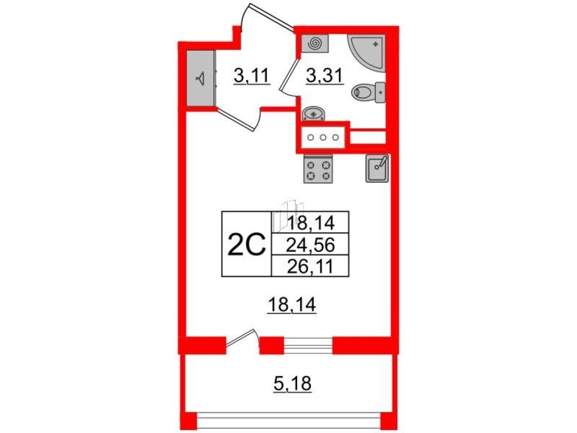 Студия-квартира, 24.6 м²