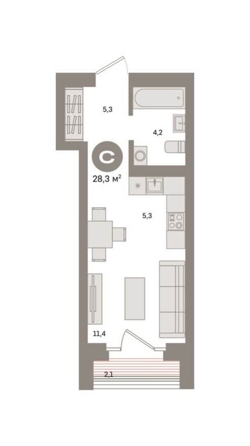 Студия-квартира, 28.3 м²