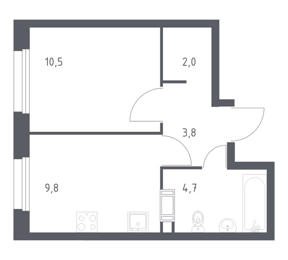 1к. квартира, 30.7 м²
