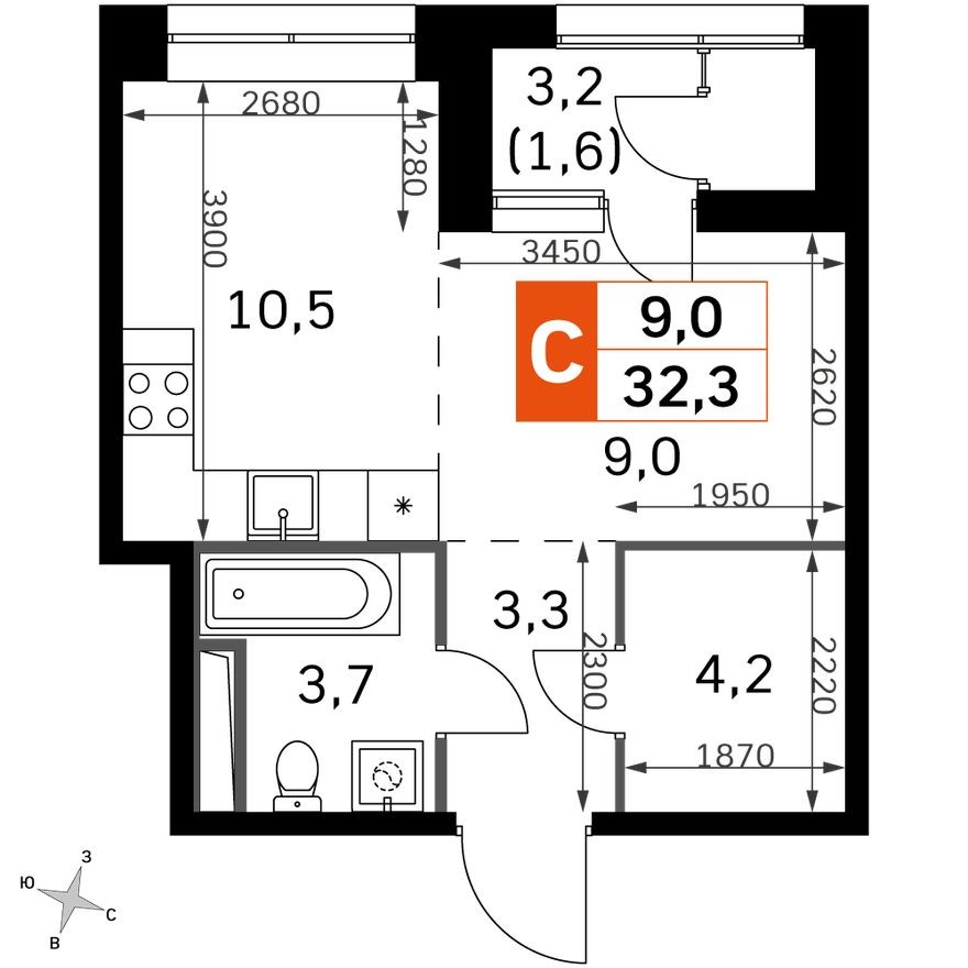 Планировка — Студия-квартира, 32.3 м²